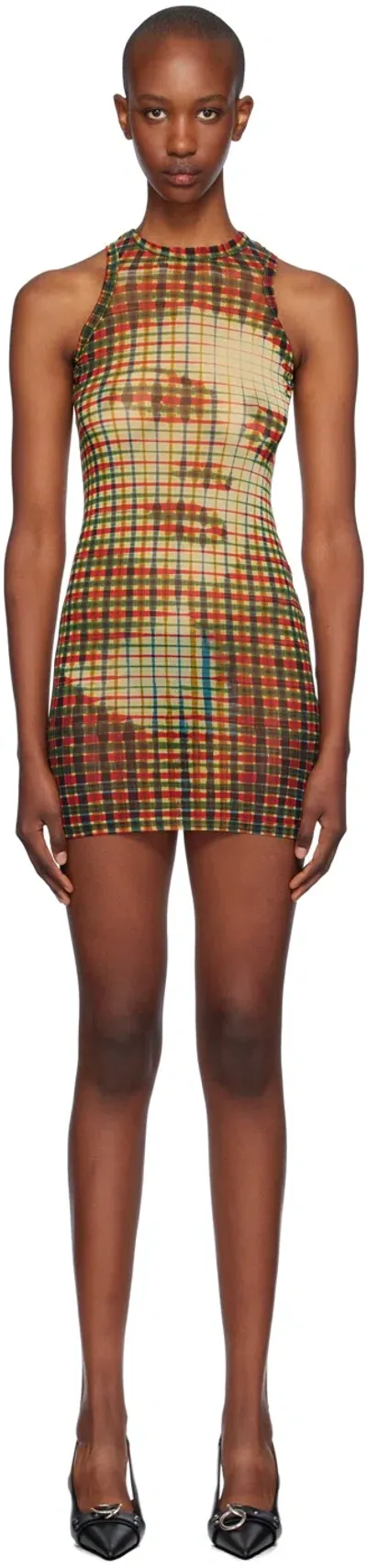 Jean Paul Gaultier Mini Tank Top Dress Tartan Face Woman Multivolor In Polyamide In 95105030-sepia/yello