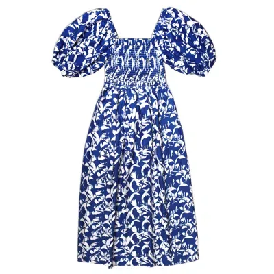 Jessie Zhao New York Women's Blue Animal World Smocked Cotton Silk Dress