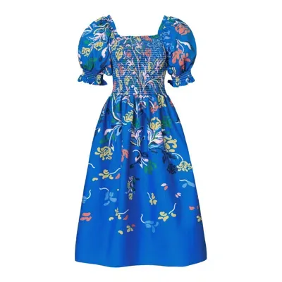 Jessie Zhao New York Women's Blue Night Flower Smocked Cotton Silk Midi Dress