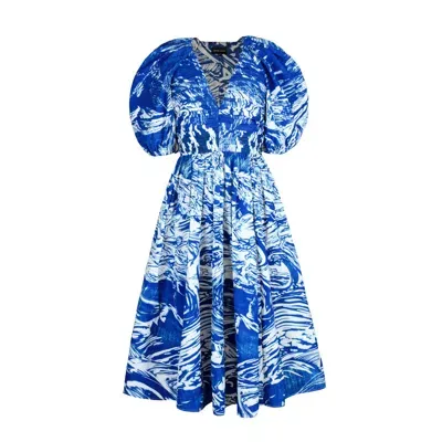 Jessie Zhao New York Women's Blue Printmaking Taffeta Midi Dress