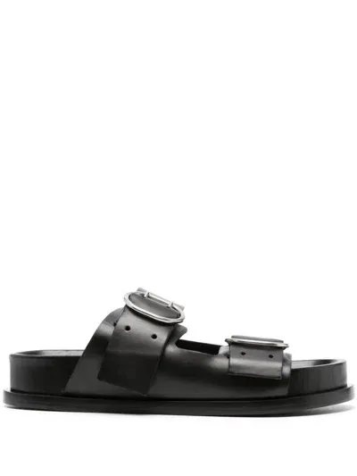 Jil Sander Double Buckle Leather Slide Sandals In Schwarz