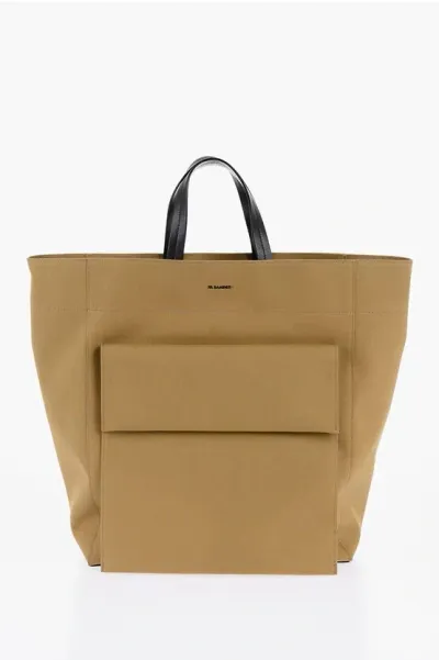 Jil Sander Canvas Shopper Bag With External Pocket In Brown