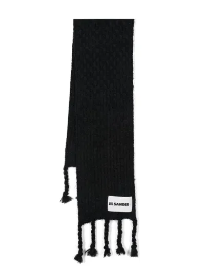 Jil Sander Mohair Blend Scarf With Woven Fringes In Black