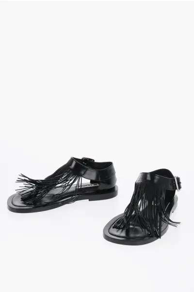 Jil Sander Fringed Leather Sandals With Buckle In Black