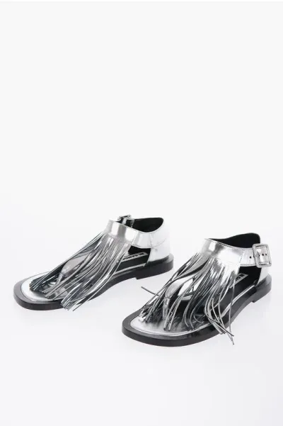 Jil Sander Fringed Leather Sandals With Buckle In Silver