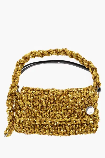 Jil Sander Knitted Shoulder Bag With Sequins In Gold