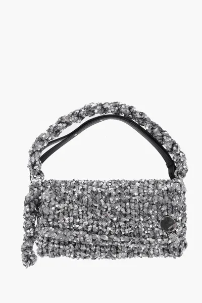 Jil Sander Knitted Shoulder Bag With Sequins In Silver