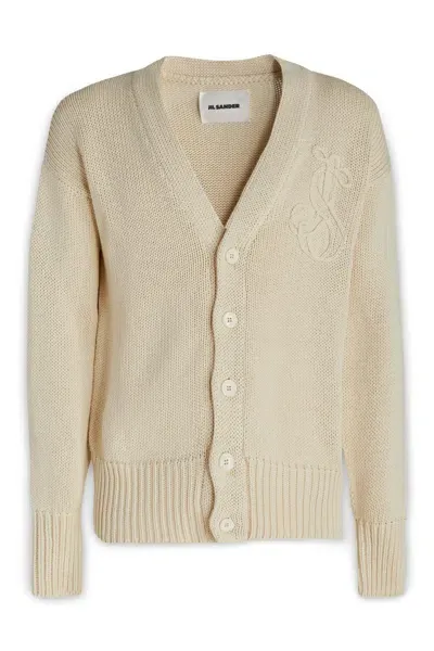 Jil Sander Logo Intarsia Knitted Cardigan In Beige