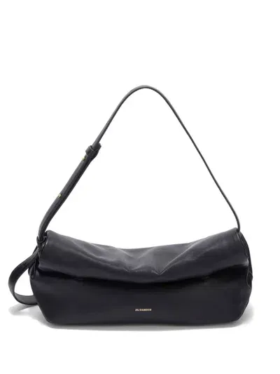 Jil Sander Small Rollup Leather Shoulder Bag In Black