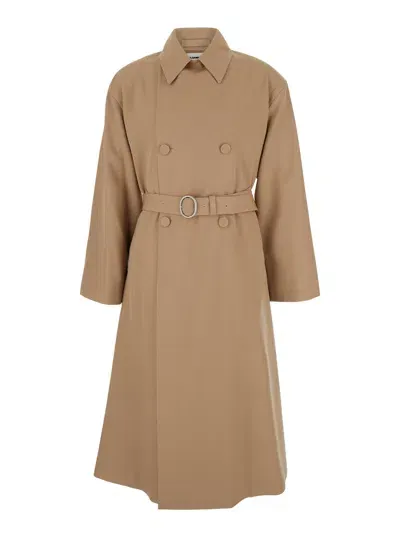 Jil Sander Trench In Gabardina Di Lana Lungo In Beige