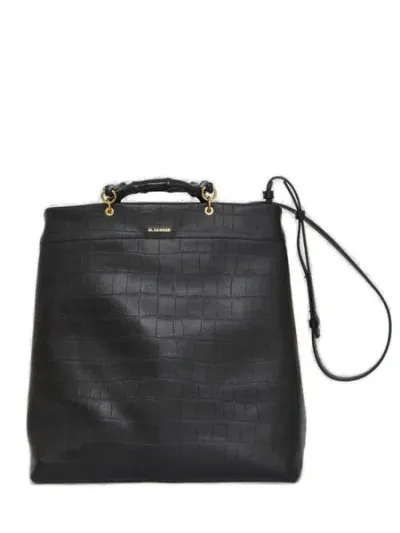 Jil Sander Bamboo-handle Embossed Tote Bag In Black