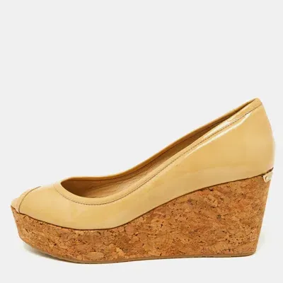 Pre-owned Jimmy Choo Beige Patent Leather Cork Wedge Parley Pumps Size 39