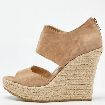 Pre-owned Jimmy Choo Beige Suede Wedge Espadrille Ankle Strap Sandals Size 38.5