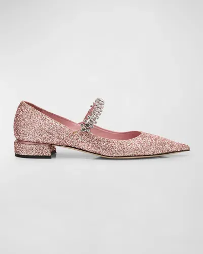 Jimmy Choo Bing Glitter Crystal-strap Ballerina Pumps In Rose