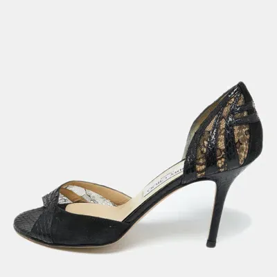 Pre-owned Jimmy Choo Black Lace Suede And Watersnake Leather Pumps Size 38.5