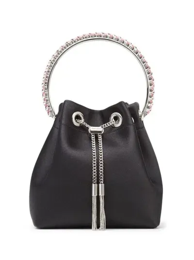 Jimmy Choo 'bon Bon' Mini Black Handbag With Metal Crystal Bracelet Handle In Satin Fabbric Woman