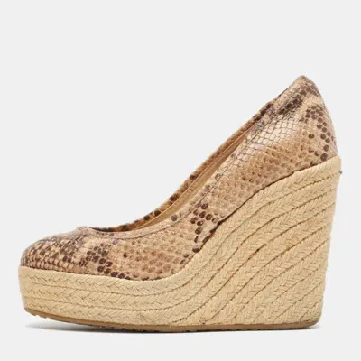 Pre-owned Jimmy Choo Brown/beige Embossed Snakeskin Espadrille Wedge Pumps Size 37