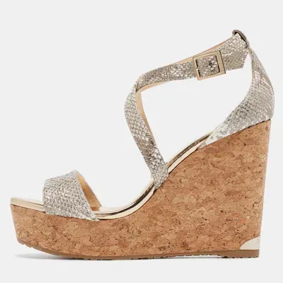 Pre-owned Jimmy Choo Gold Snakeskin Embossed Leather Portia Wedge Sandals Size 40.5