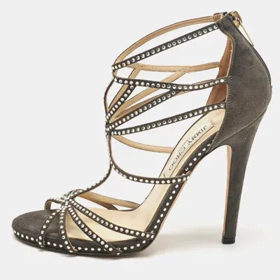 Pre-owned Jimmy Choo Grey Suede Crystal Embellished Strappy Sandals Size 38.5