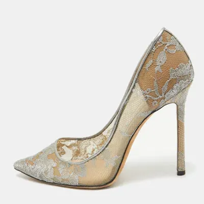 Pre-owned Jimmy Choo Metallic Grey Lace Romy Pumps Size 38