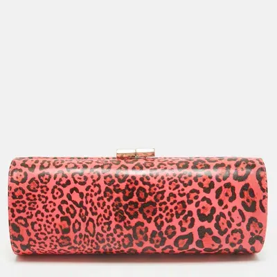 Pre-owned Jimmy Choo Neon Pink/black Leopard Print Vinyl Twill Tube Clutch