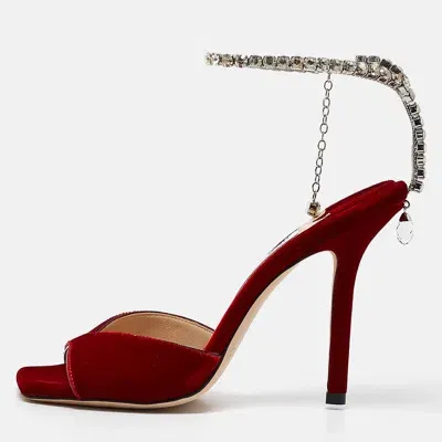 Pre-owned Jimmy Choo Red Velvet Saeda Ankle Strap Sandals Size 37