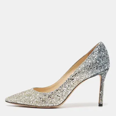 Pre-owned Jimmy Choo Two Tone Coarse Glitter Romy Pumps Size 37 In Silver