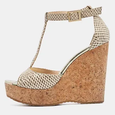 Pre-owned Jimmy Choo Two Tone Embossed Snakeskin Pela Wedge Sandals Size 38.5 In Beige