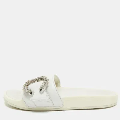 Pre-owned Jimmy Choo White Leather Crystal Embellished Flat Slides Size 39