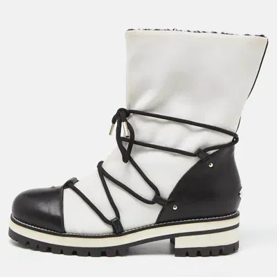 Pre-owned Jimmy Choo White/black Canvas And Leather Ankle Boots Size 39