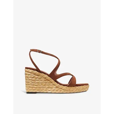 Jimmy Choo Womens Tan Ayla 85 Suede And Raffia Wedge Sandals