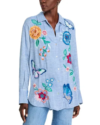 Johnny Was Embroidered Relaxed Shirt In Light Denim Blue