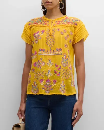 Johnny Was Lafaret Embroidered Ruffle-trim Blouse In Yellow