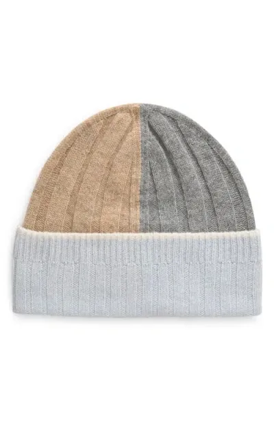 Johnstons Of Elgin Colorblock Cashmere Rib Beanie In Ice Blue Colourway