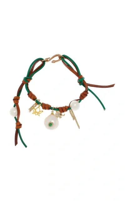 Joie Digiovanni Knotted Leather 18k Yellow Gold Pearl Gem-burst Bracelet In Green