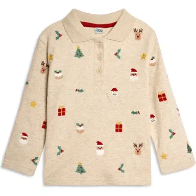 Jojo Maman Bébé Babies' Jojo Maman Bebe Christmas Embroidered Long Sleeve Polo In Natural