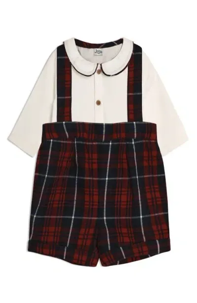 Jojo Maman Bébé Babies' Jojo Maman Bebe Peter Pan Collar Bodysuit & Plaid Suspender Shorts Set In Red Multi