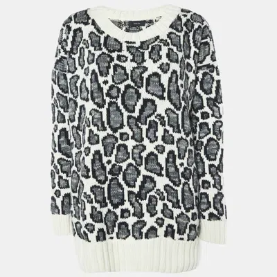 Pre-owned Joseph Animal Patterned Jacquard Wool Round Neck Sweater S In White