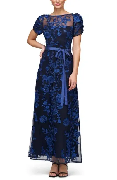 Js Collections Sarah Floral Embroidered Tie Belt Gown In Navy/indigo