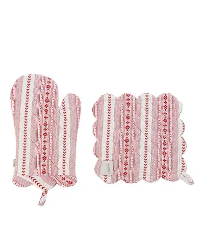 Juliska Villa Stripe Oven Mitt And Pot Holder Set Of 2 In Ruby