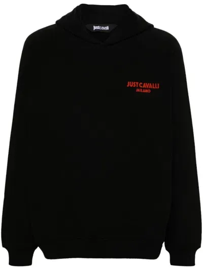 Just Cavalli Flocked-logo Cotton Hoodie In Black