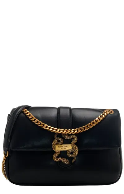 Just Cavalli Logo Plaque Foldover Top Shoulder Bag In Black