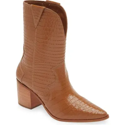 Kaanas Ver Croc Embossed Pointed Toe Western Boot In Tan