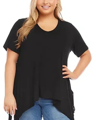 Karen Kane Plus Short Sleeve Fringe Top In Black