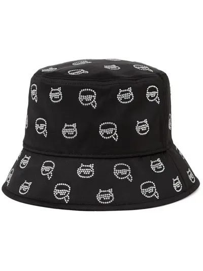 Karl Lagerfeld Ikonik Rhinestone-embellished Bucket Hat In Black