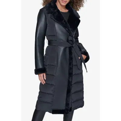 Karl Lagerfeld Paris Faux Fur Trim Quilted Coat In Black