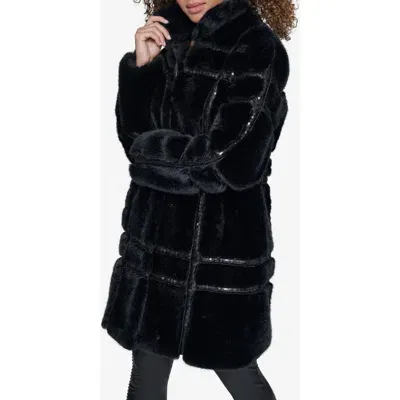 Karl Lagerfeld Faux Fur Sequined Coat In Black