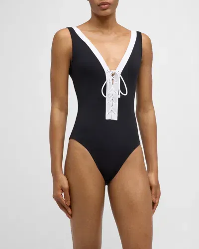 Karla Colletto Demi V-neck Silent Underwire One-piece Swimsuit In Black/white Blck-wht