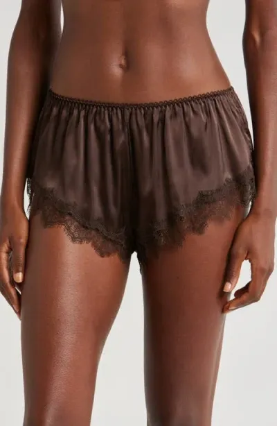 Kat The Label Sorrento Lace Trim Satin Tap Pants In Espresso