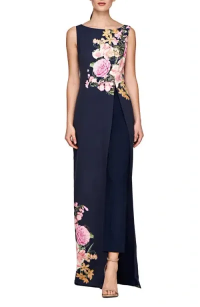 Kay Unger Esti Floral Maxi Jumpsuit In Dark Navy/rose Violet